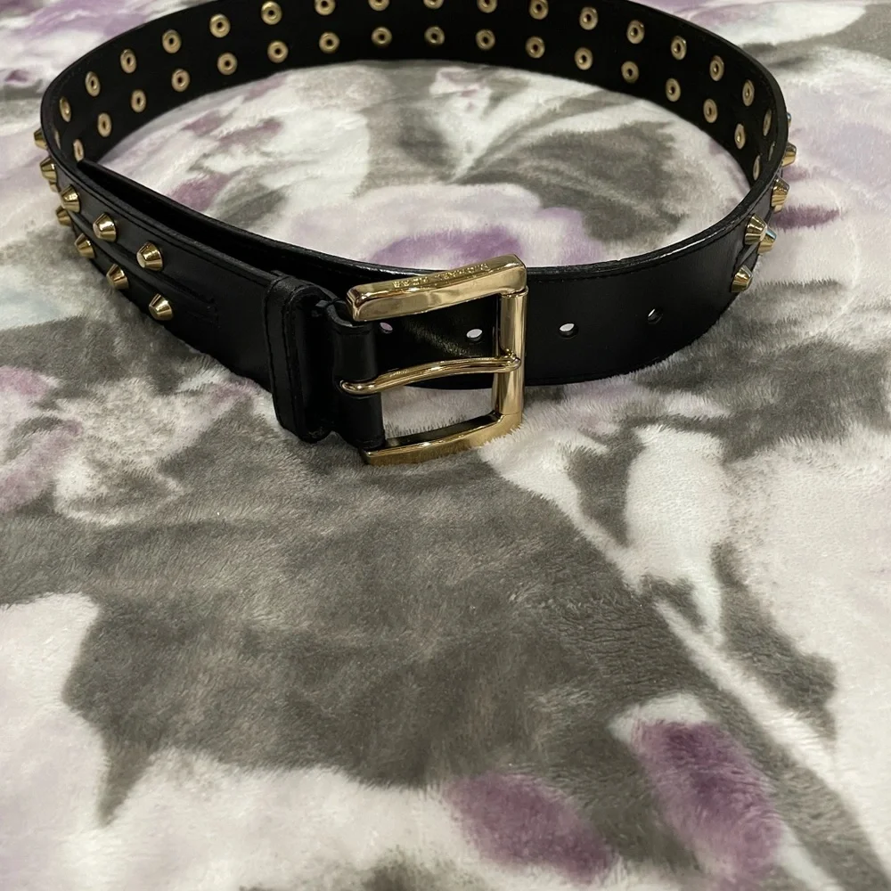 Michael Kors Black Leather Studded Belt with Gold Hardware